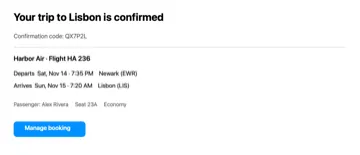 A flight confirmation email from a made-up airline, for a trip to Lisbon.